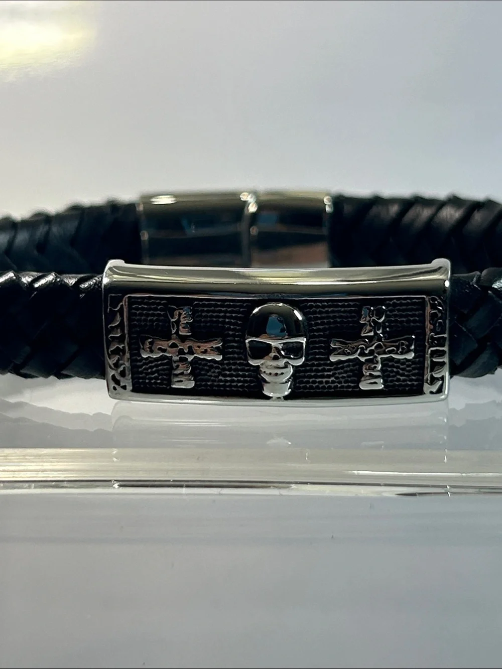 NWT Braided Vegan Leather Stainless Steel Skull & Maltese Cross Bracelet